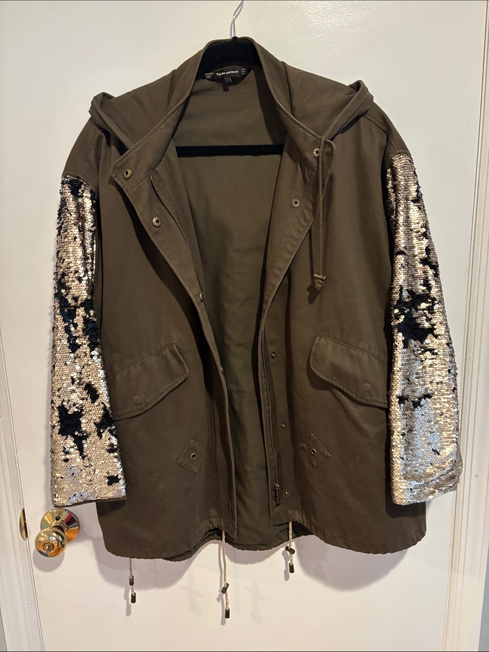 Zara Olive Green Hooded Utility Jacket with Silver & Black Sequin Sleeves